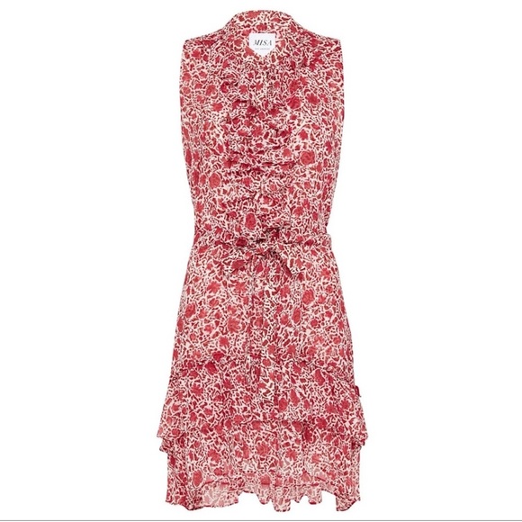 MISA Los Angeles Eba Rust White Floral Ruffle Sleeveless Mini Dress Size Large - Picture 3 of 12